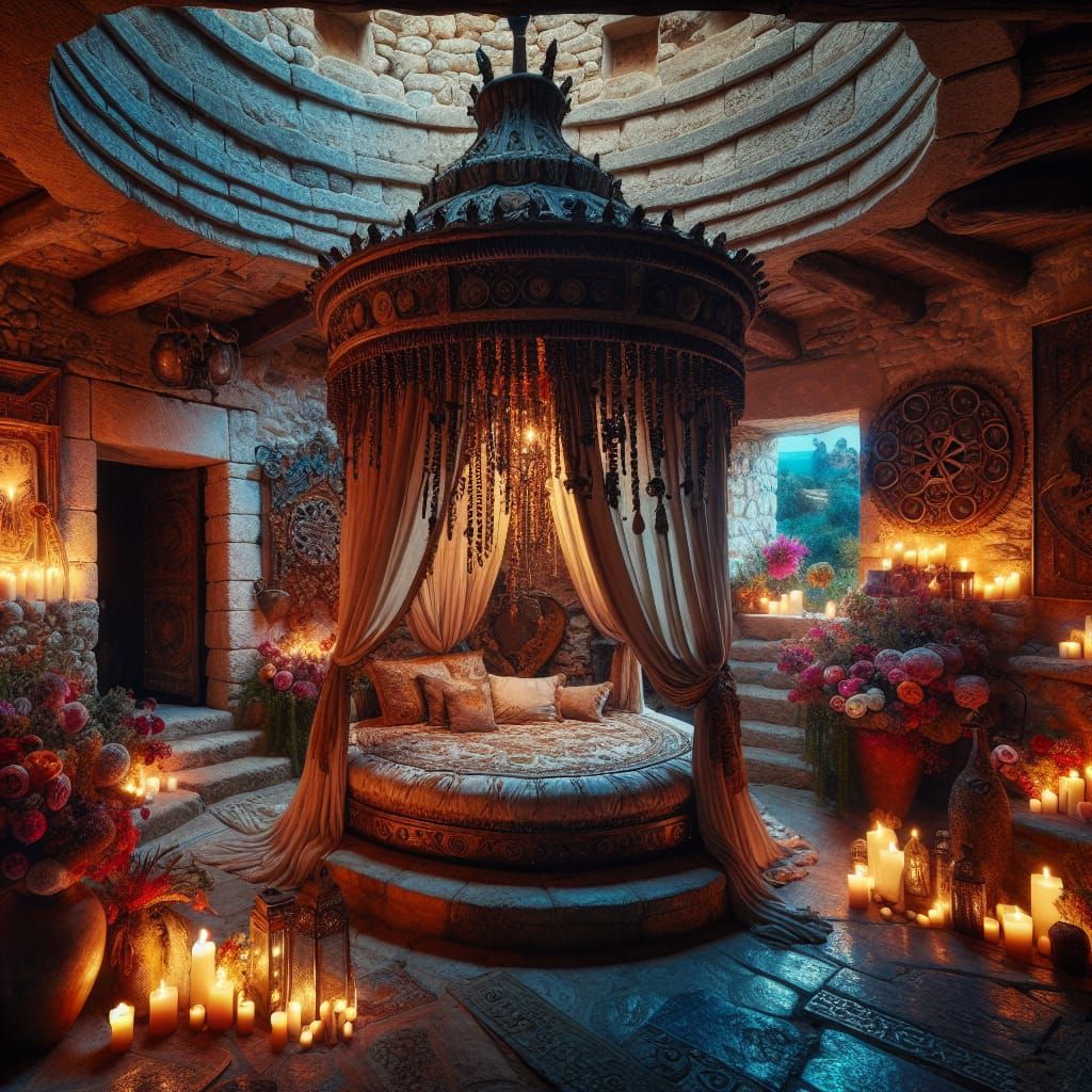 Medieval Room with Round Bed and Mediterranean Night