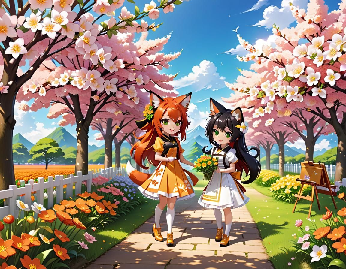 Cute Chibi Girls Playing in Sunny Flower Field