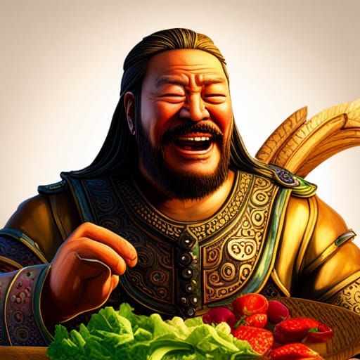 Hyperrealistic Image of Genghis Khan Eating Salad
