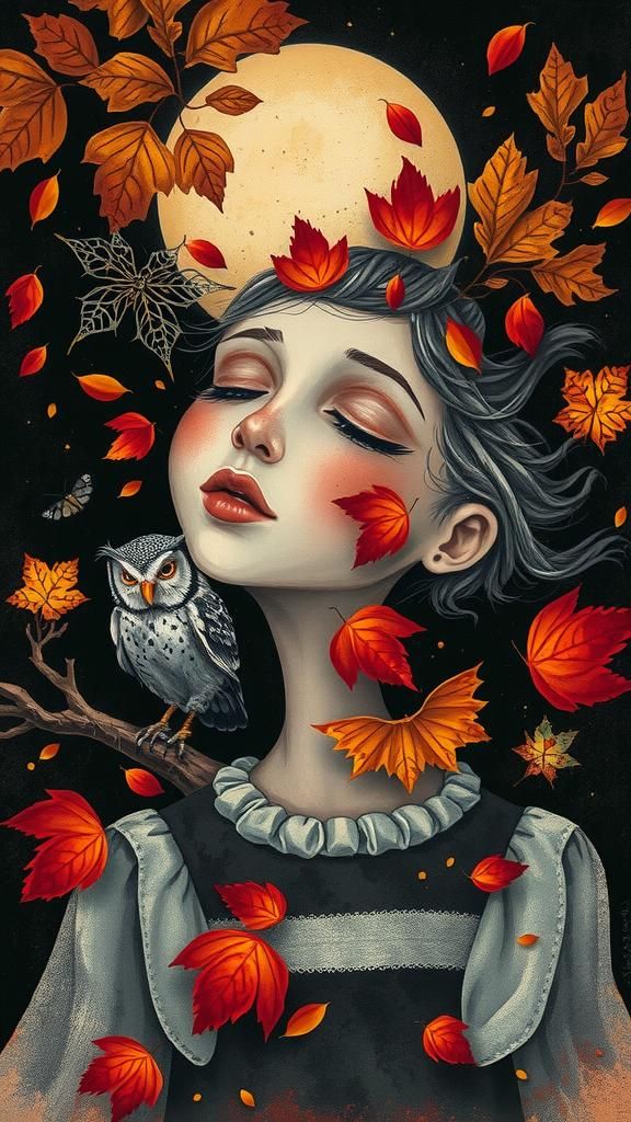 Dreamer with Owl in Surreal Autumn Rayograph