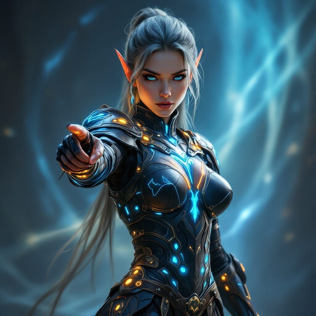 Ethereal Bio-Mechanical Elf Warrior in Intricately Crafted L...
