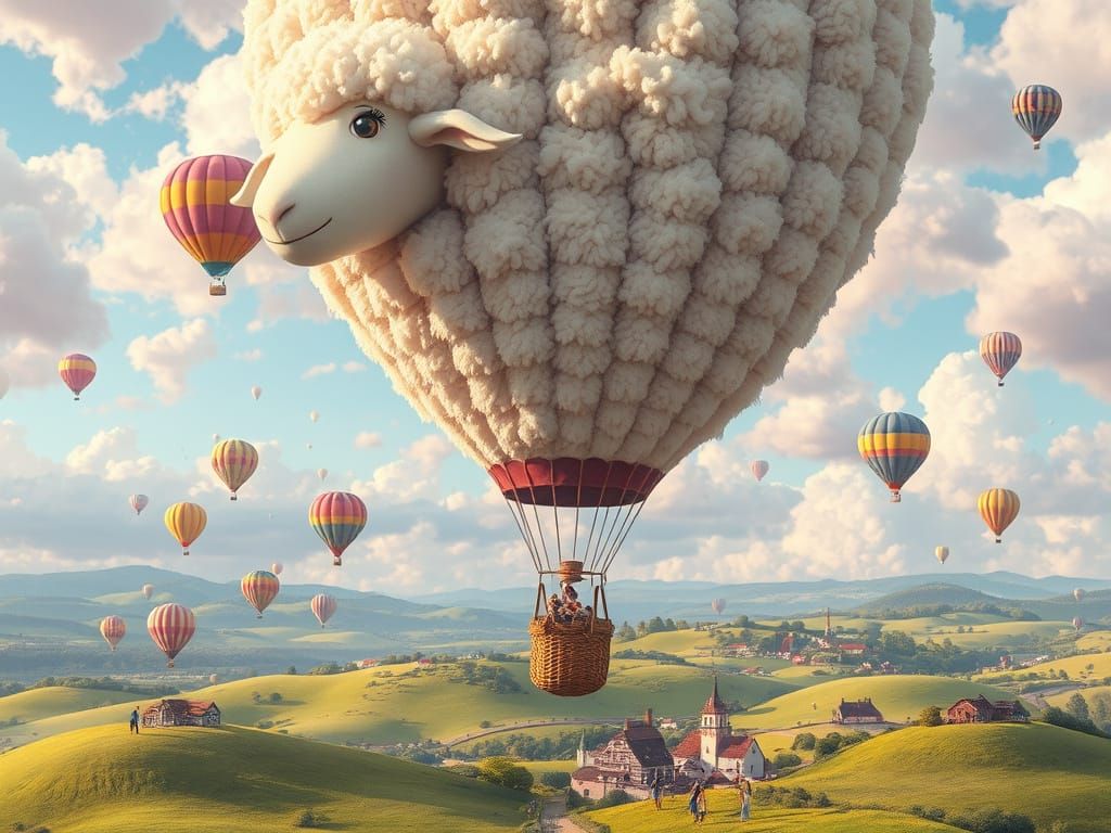 Whimsical Sheep Hot Air Balloon in Dreamy Pastel Sky
