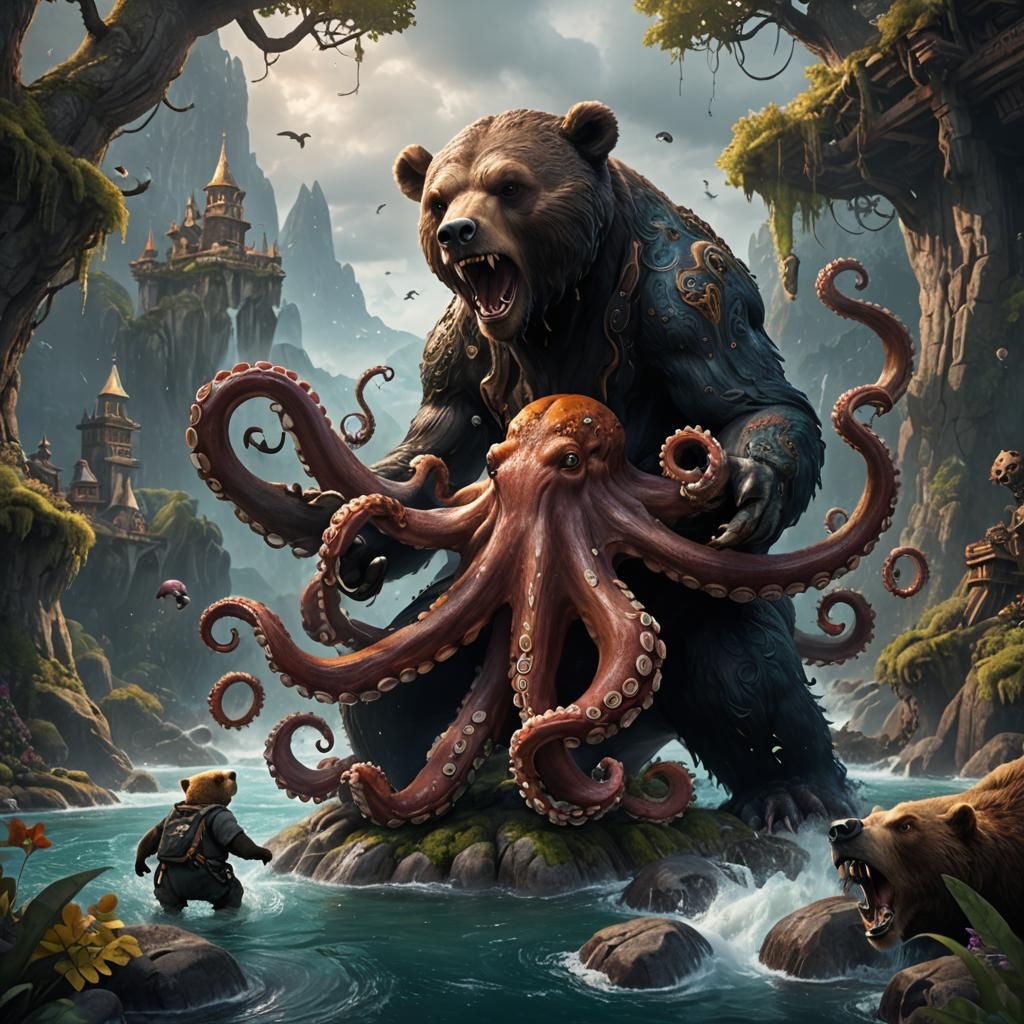 Octopus and Bear Play in Detailed Fantasy Art
