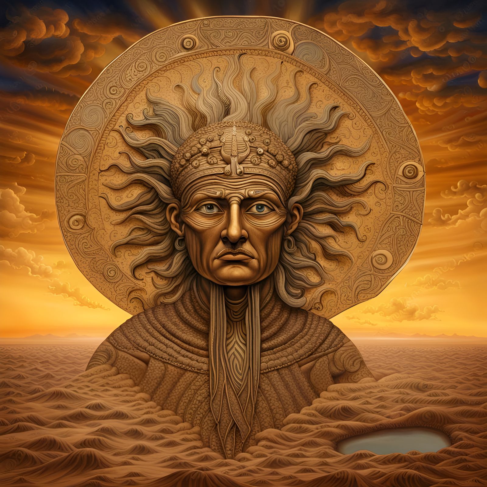 Mesopotamian Air God Enlil in the middle of a desert as the sun sets under a dusk sky