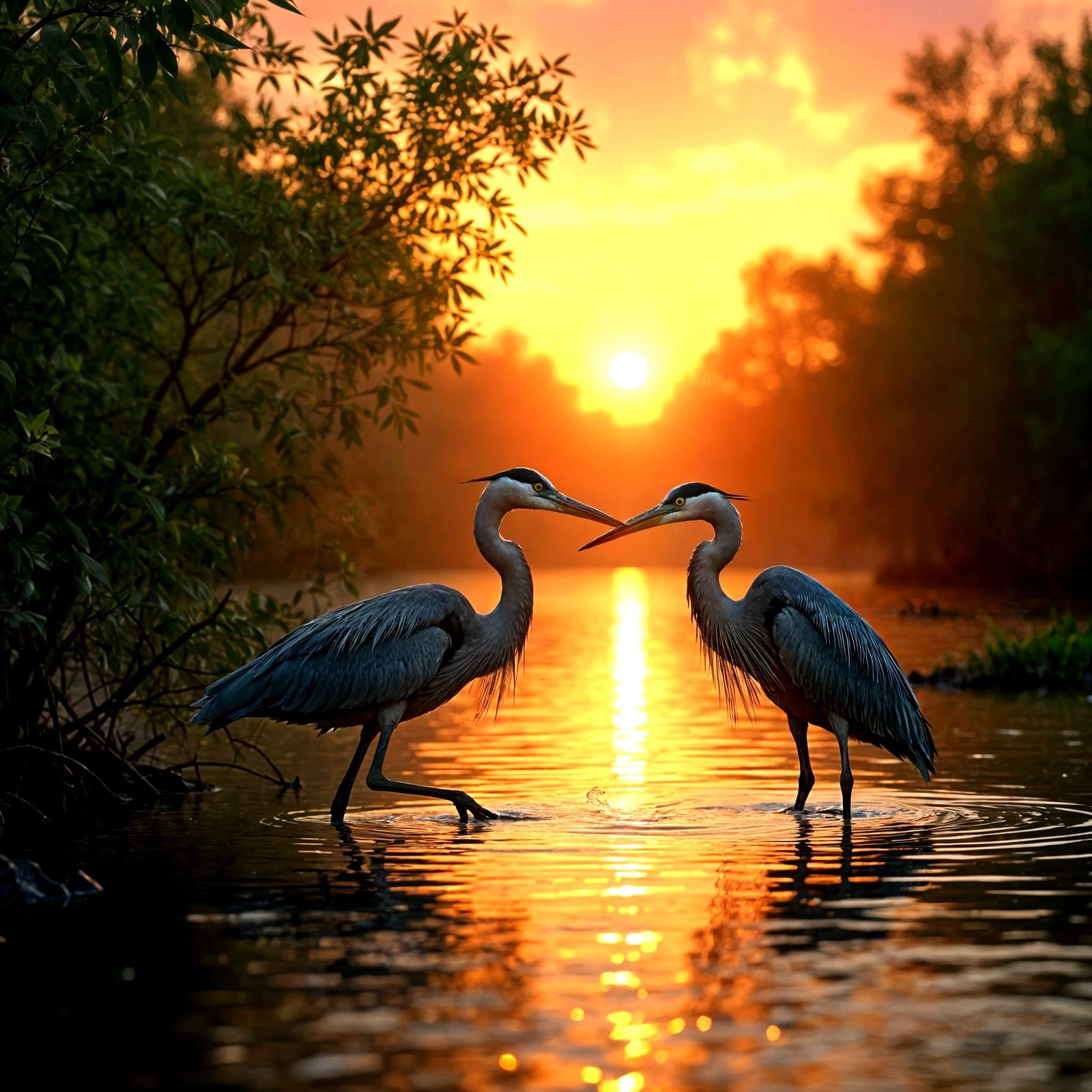 Hyperdetailed Heron in Lush Mangrove Swamp at Golden Hour