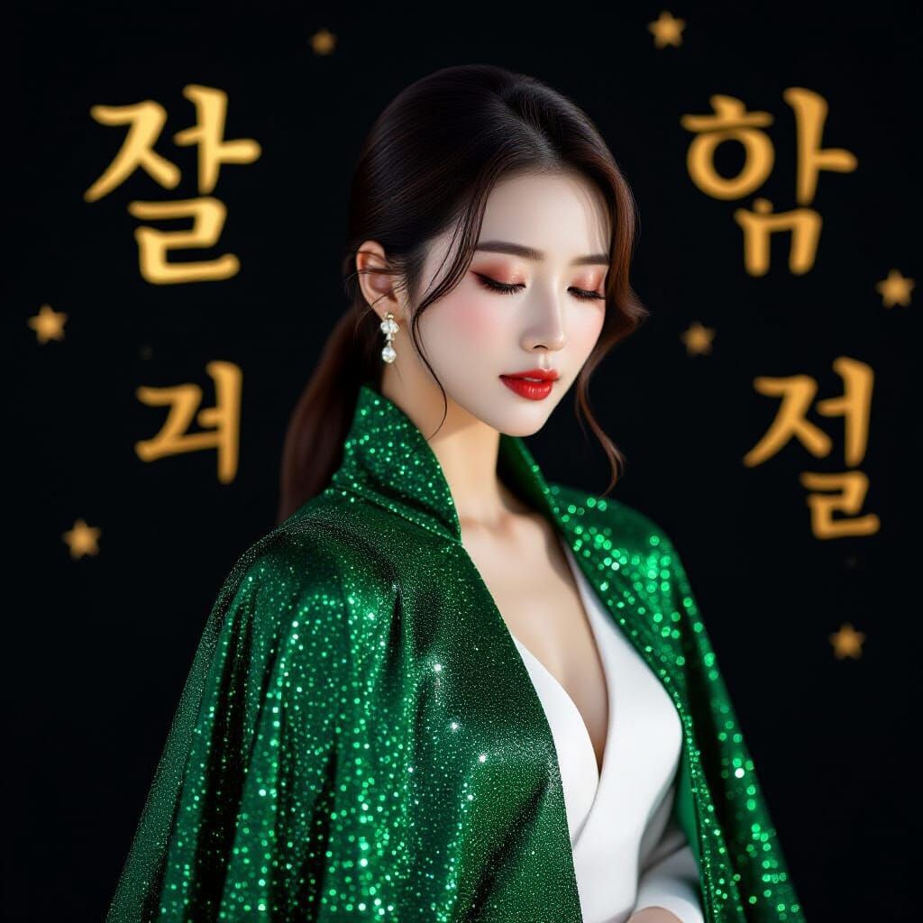 Korean Woman in Emerald Cape with Golden Korean Letters