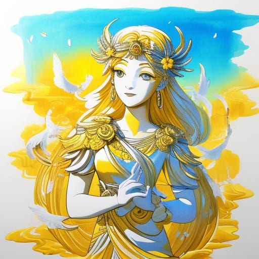 Elegant Summer Goddess in Golden Hour European Ink Painting