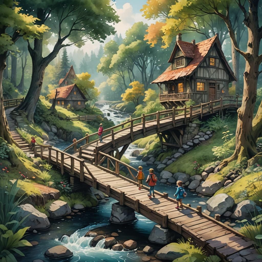 Children Crossing Forest Stream in Watercolor Style