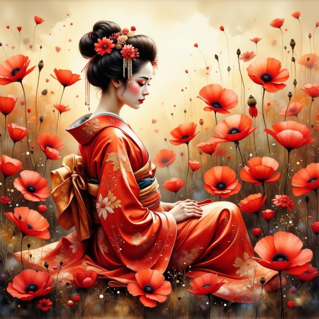 Traditional Japanese Geisha Amidst Vibrant Poppies in a Wate...
