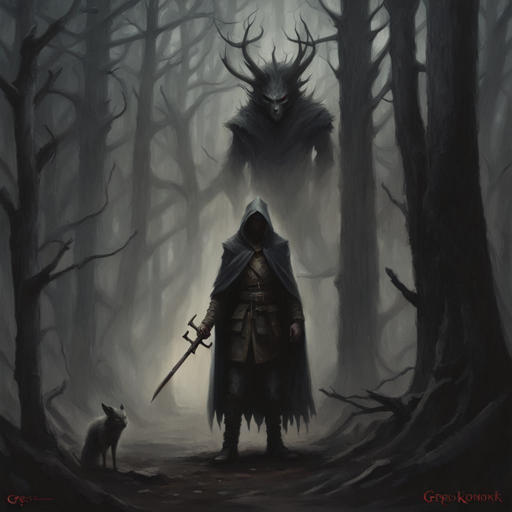 Sinister Teenage Boy in Dark Forest, Rutkowski Style