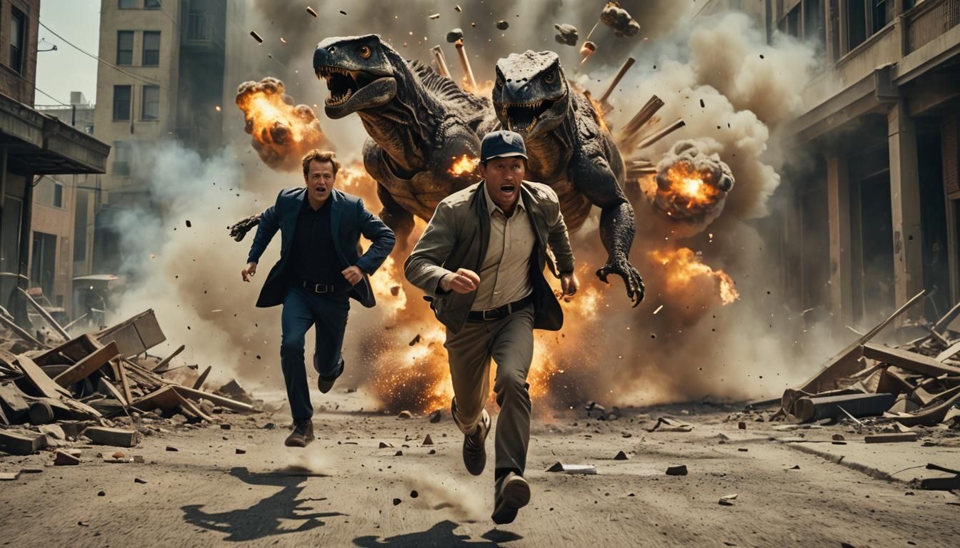 Characters Flee Explosion in Action Comedy Film Still