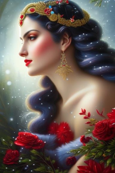 Winter Goddess with Flowers and Snowflakes