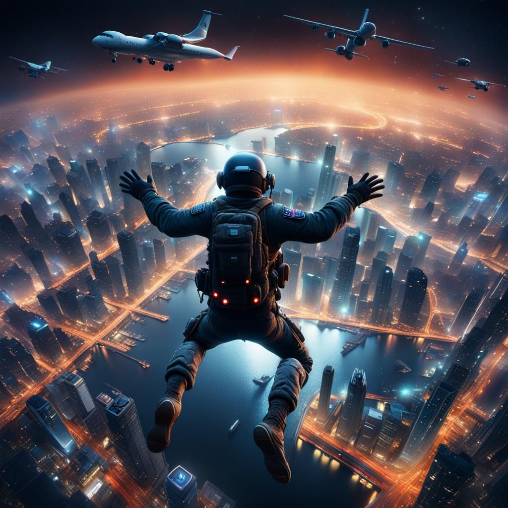 Night Skydiving Above City Lights