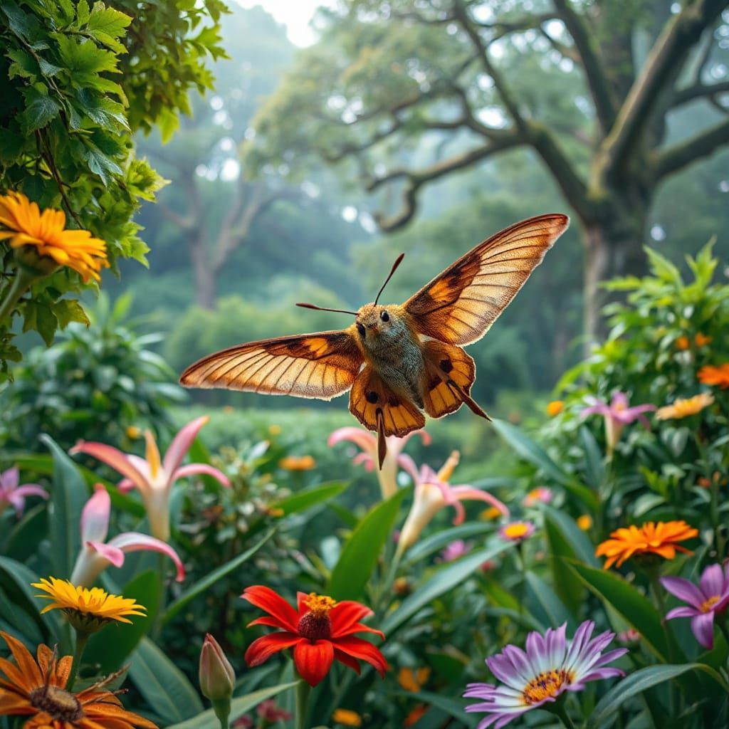 Moth and Steam-Powered Hummingbird in Hyperreal Garden