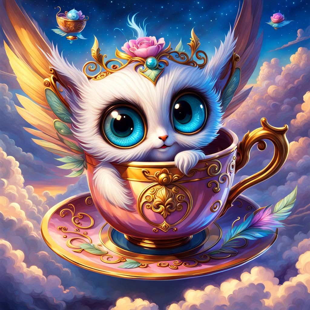 Cute Creature in Flying Teacup: Fantasy Art