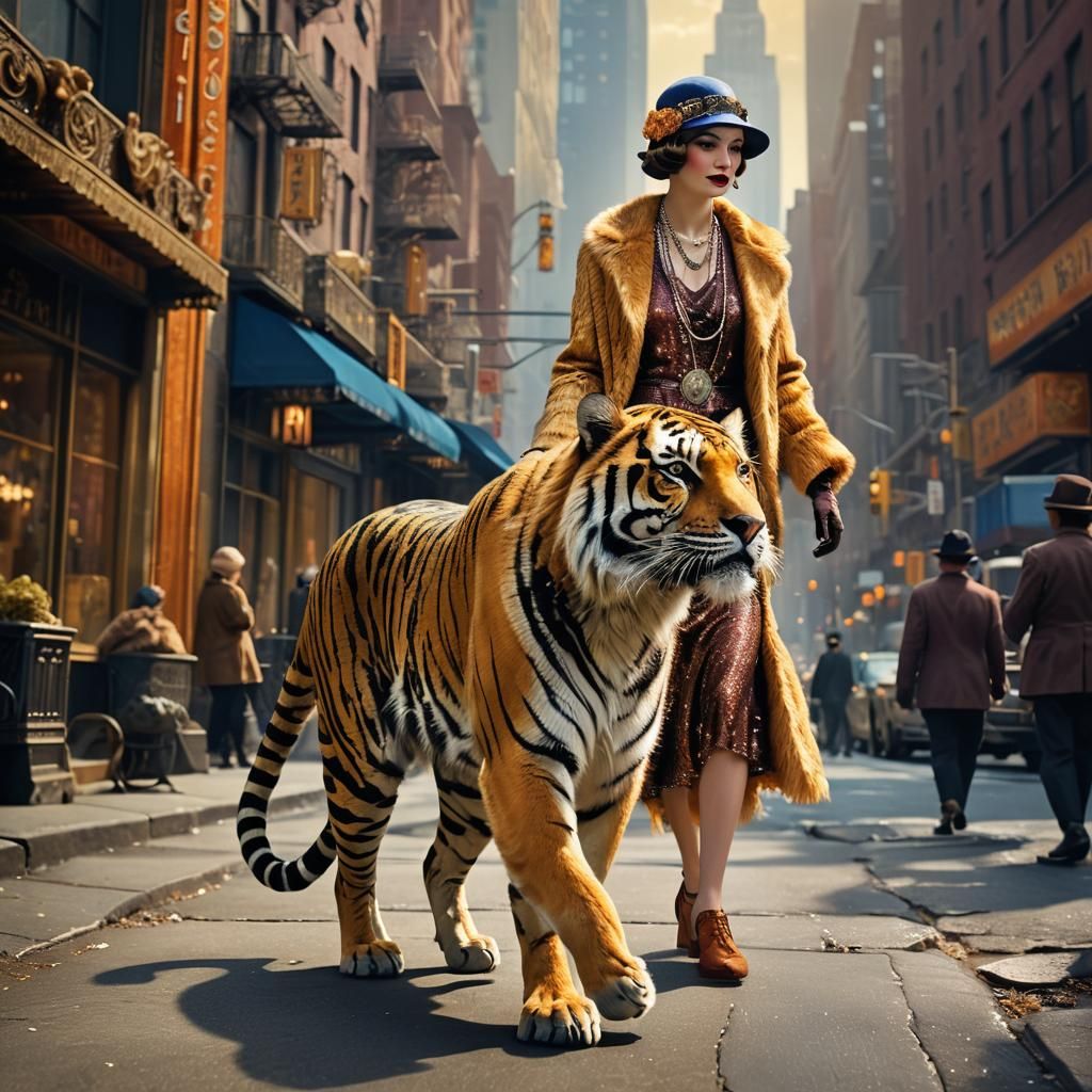 Flapper Walks Tiger in Art Deco New York