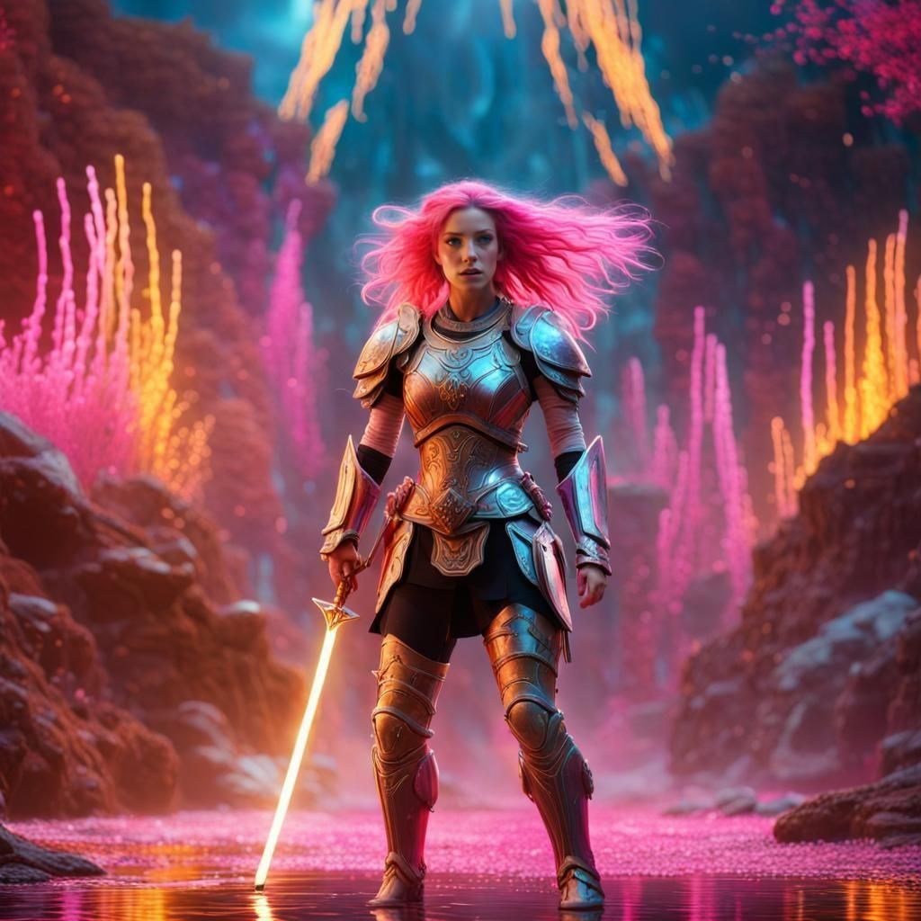 Colorful Energy Flows Around Armored Woman