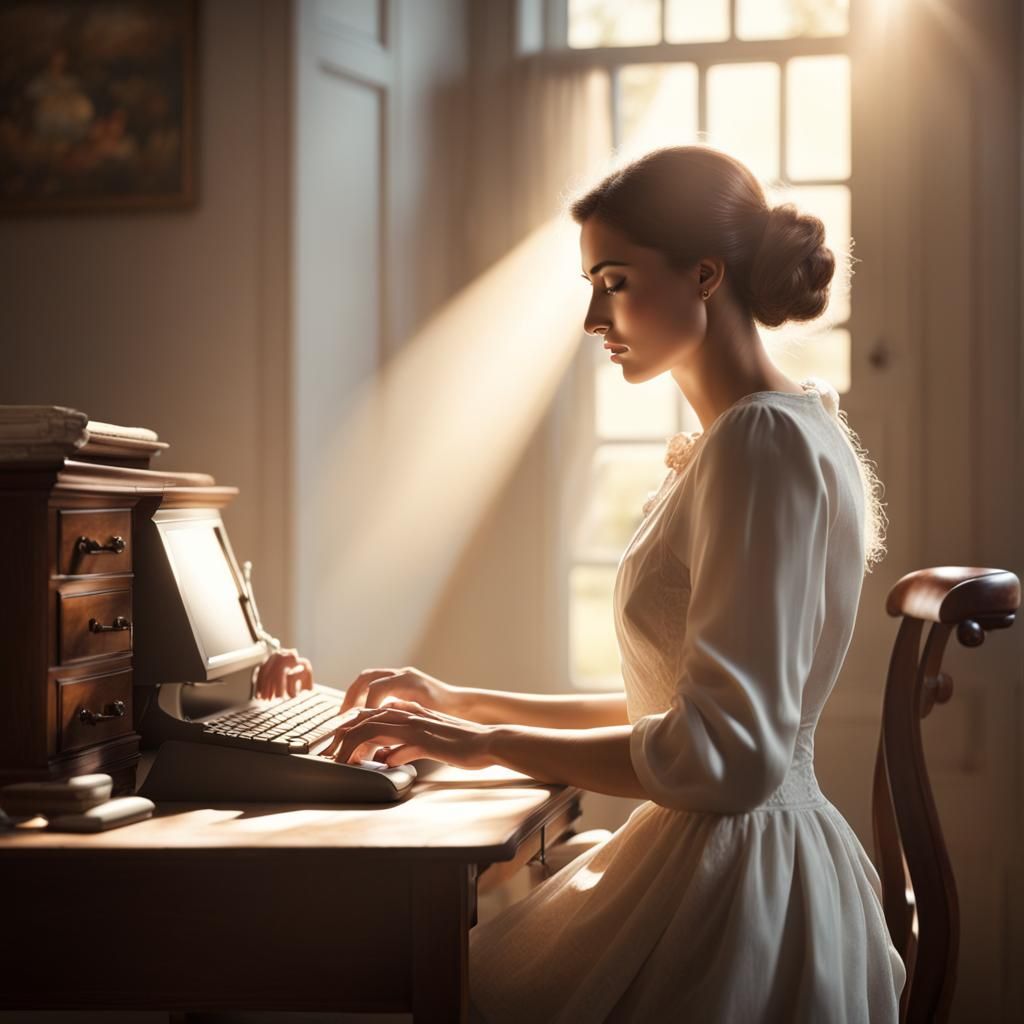 Woman Typing at Antique Desk in Divine Light