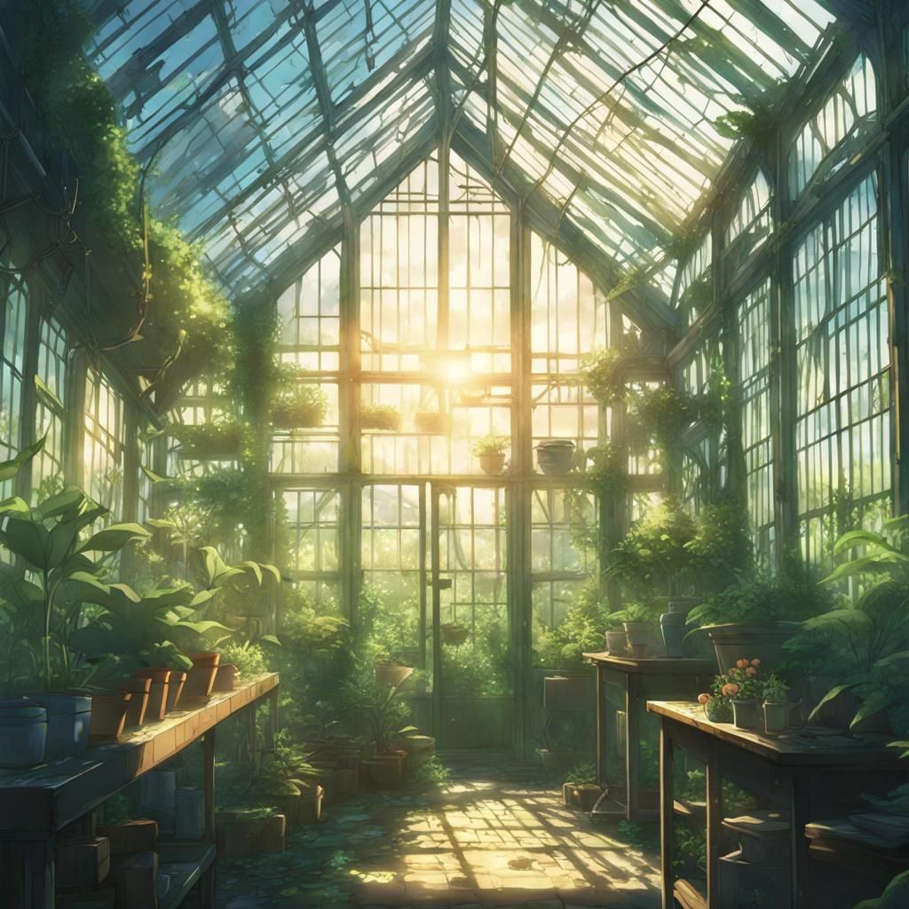 Ruined Greenhouse in Anime Key Visual Style