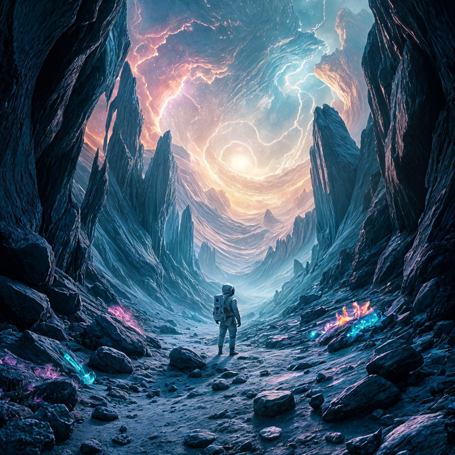 Astronaut Explores Alien World with Glowing Flora