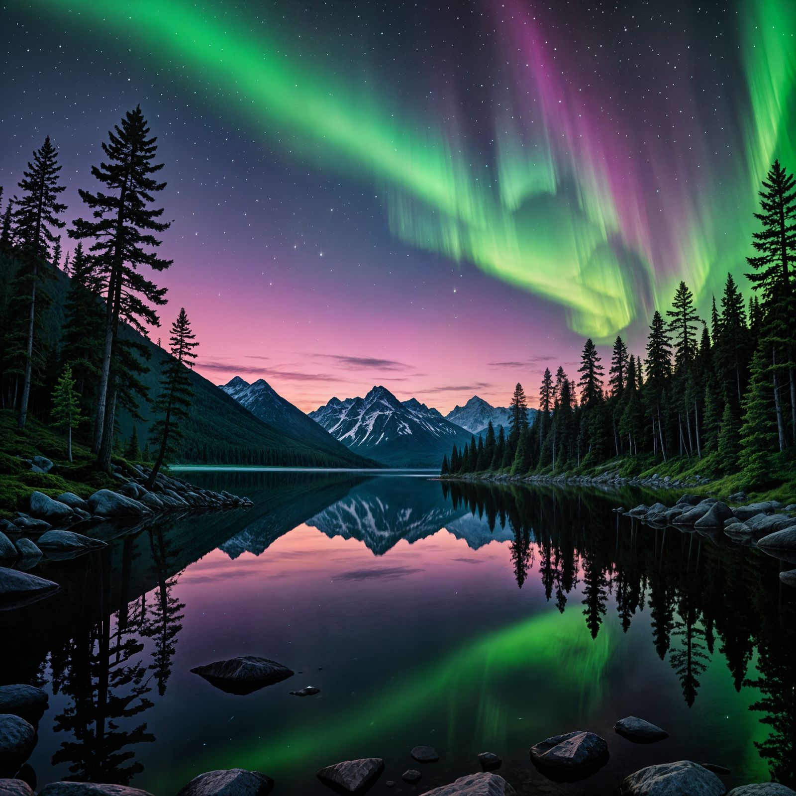 Serene Mountain Lake Reflects Vibrant Aurora Borealis