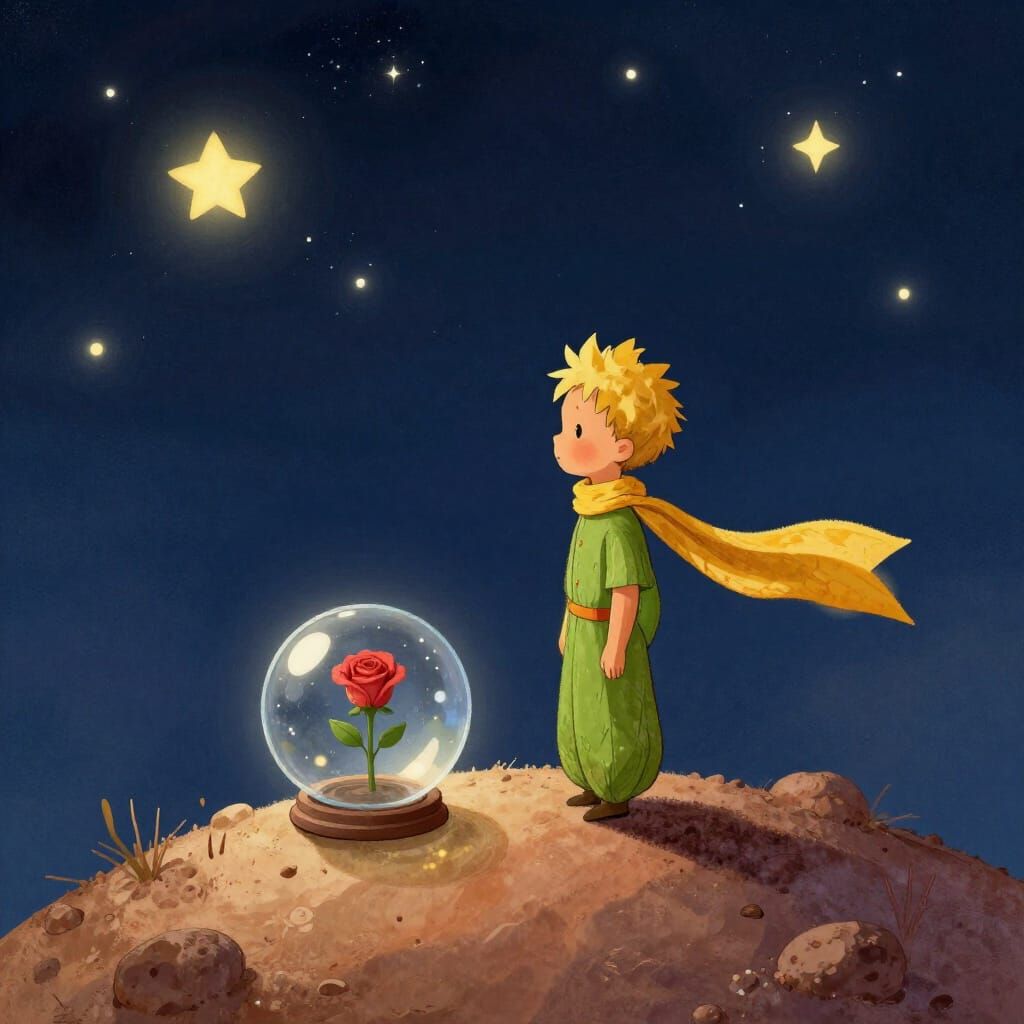 Little Prince on Asteroid with Rose Gazing at Stars