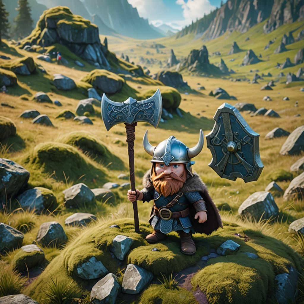Tiny Viking Warrior in Sunny Meadow: 3D Render