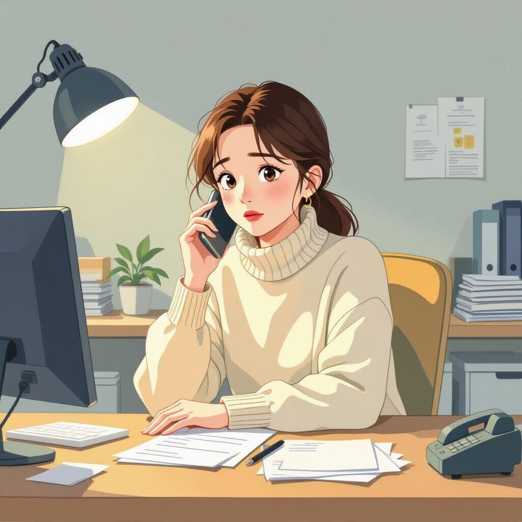 Ghibli-Inspired Illustration of Ji-hye at Her Desk