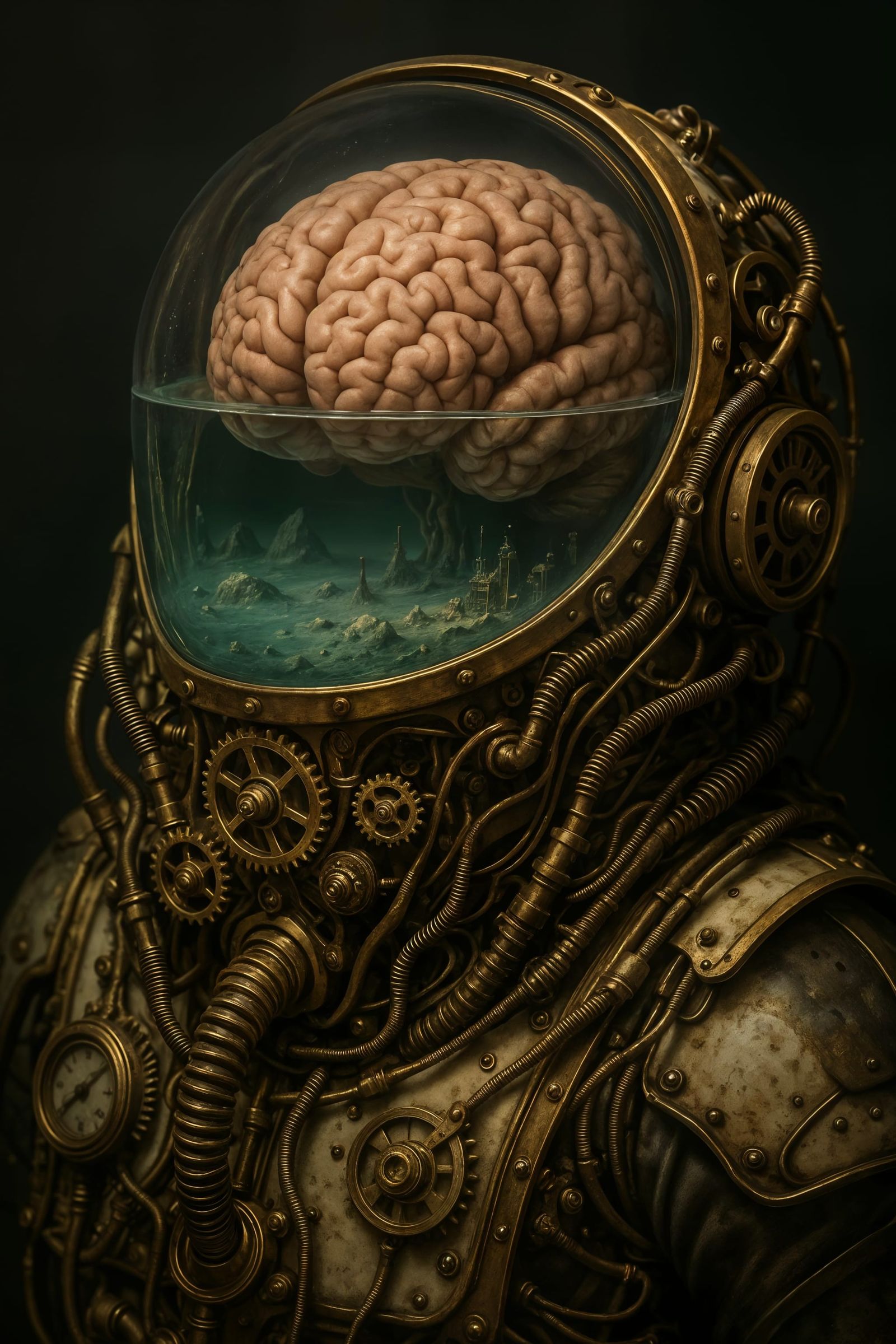 Steampunk Brain Helmet: A Surreal Sci-Fi Artwork