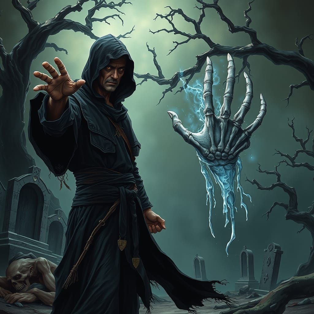Necromancer Casts Chill Touch Spell in Dark Fantasy Art