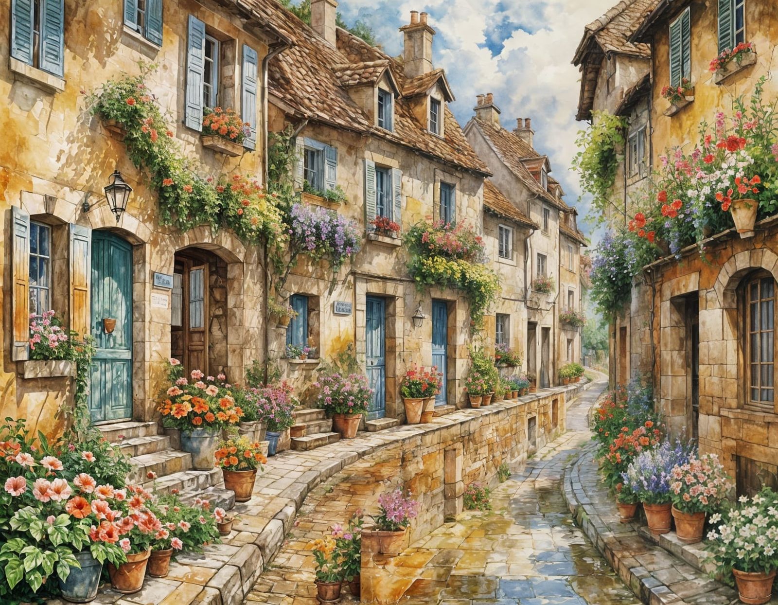 Charming French Village Street After Rain: Watercolor Painti...