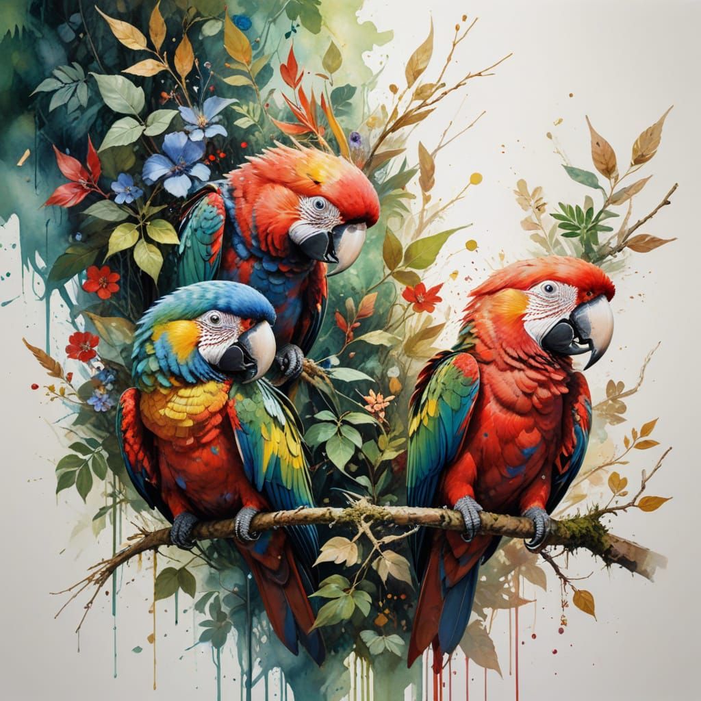 Scarlet Macaws in Lush Rainforest Canopy