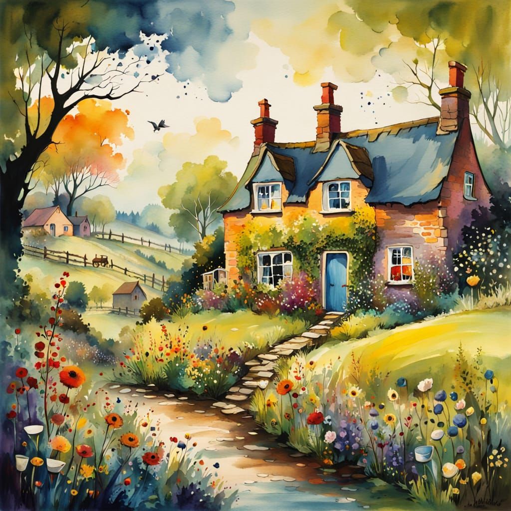 Whimsical English Village Scene in Dreamlike Colors