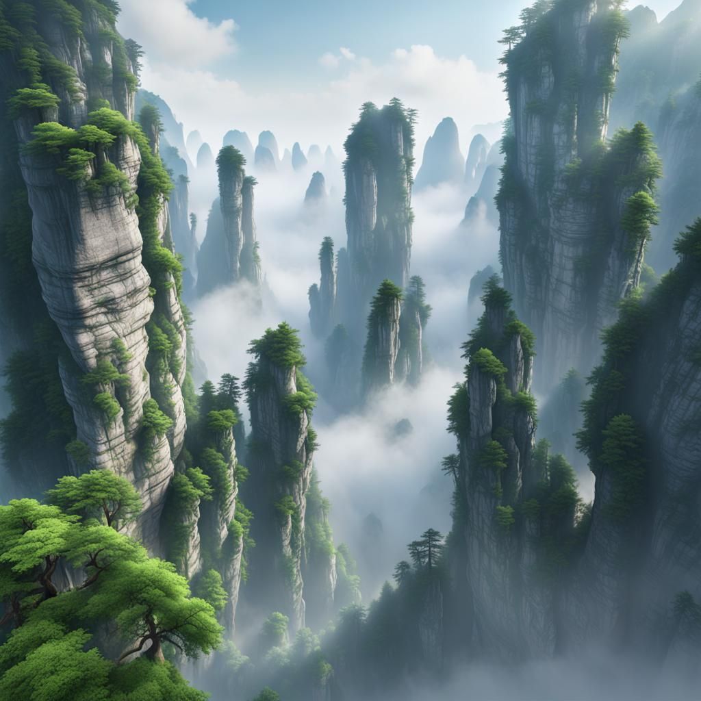 Zhangjiajie Mountains in Mist: Realistic 3D Pastel Rendering