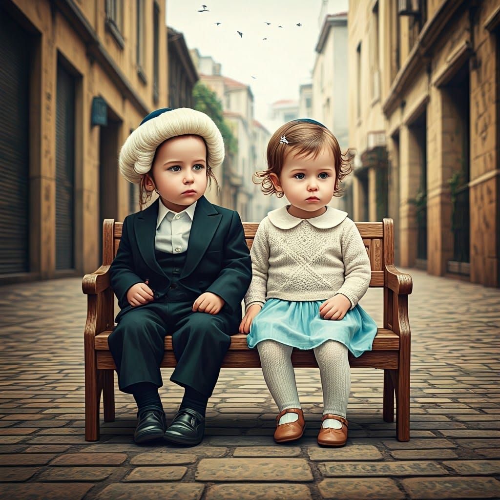 Haredi Siblings on Carved Bench in Watercolor Style