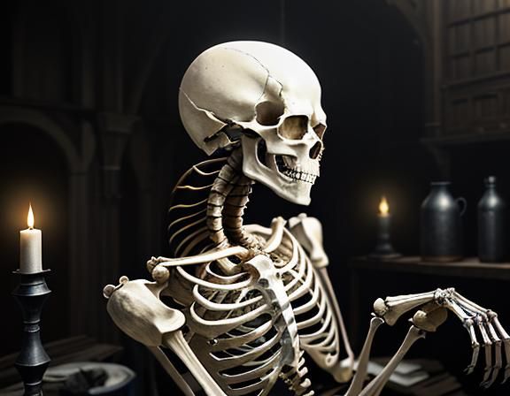 Furry Skeleton Cleans Bones: Dark Fantasy Concept Art