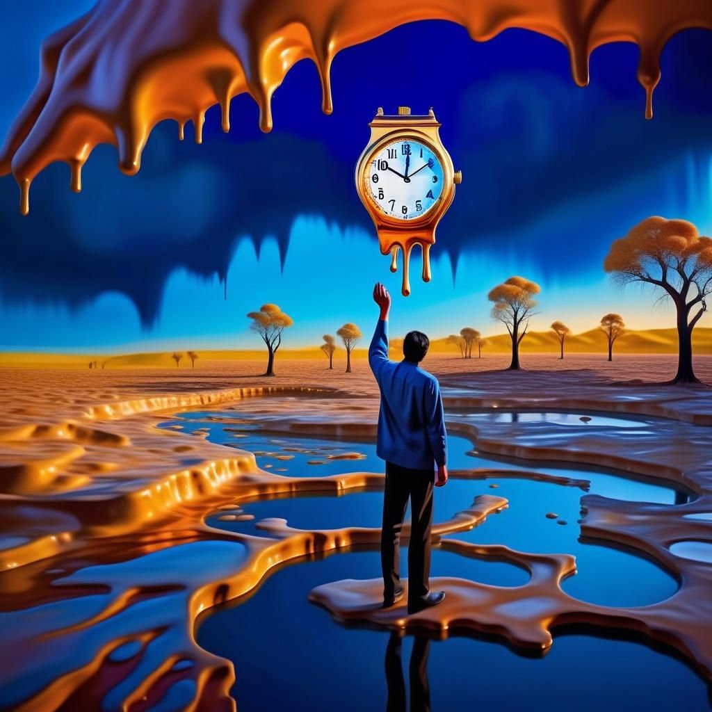 Surreal Man with Melting Clock in Dreamscape