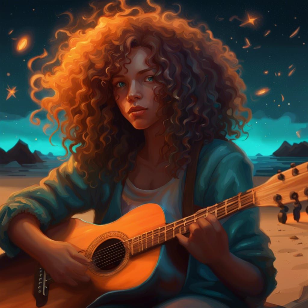 Girl Plays Guitar by Bonfire, Detailed Concept Art