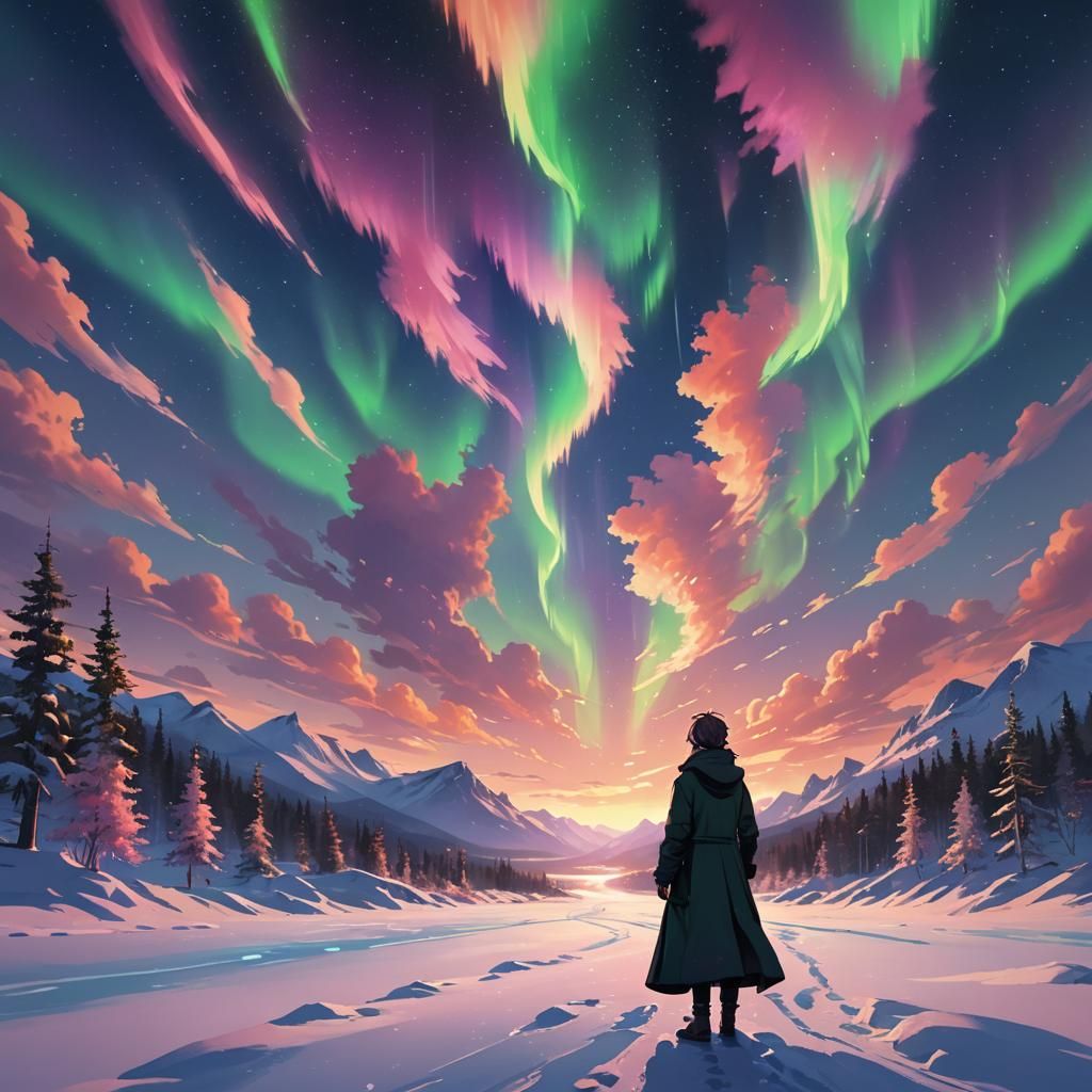 Anime Art: Person Gazing at Northern Lights