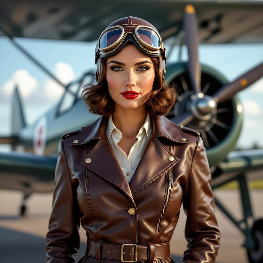 Vintage Aviatrix and Biplane in Photorealistic Style