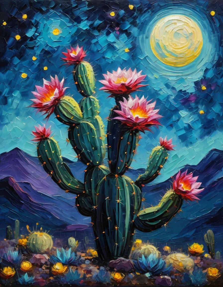 Blooming Cactus Under Moonlight: Impressionist Oil Painting