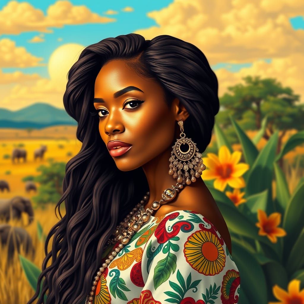 Surreal Goddess Amidst Vibrant Savannah Landscape