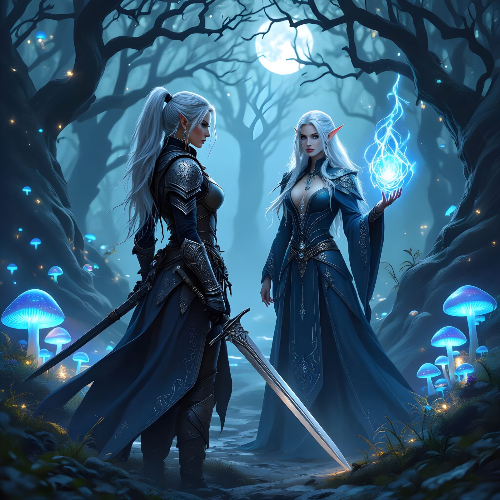 Fantasy Warrior and Elf Mage in Enchanted Forest