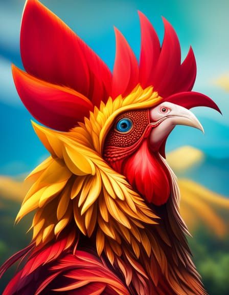 Antigua-Inspired Rooster with Intricate Feather Patterns