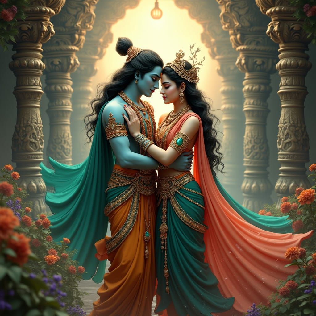 Hyperrealistic Portrait of Radha Krishna in Mystical Indian....