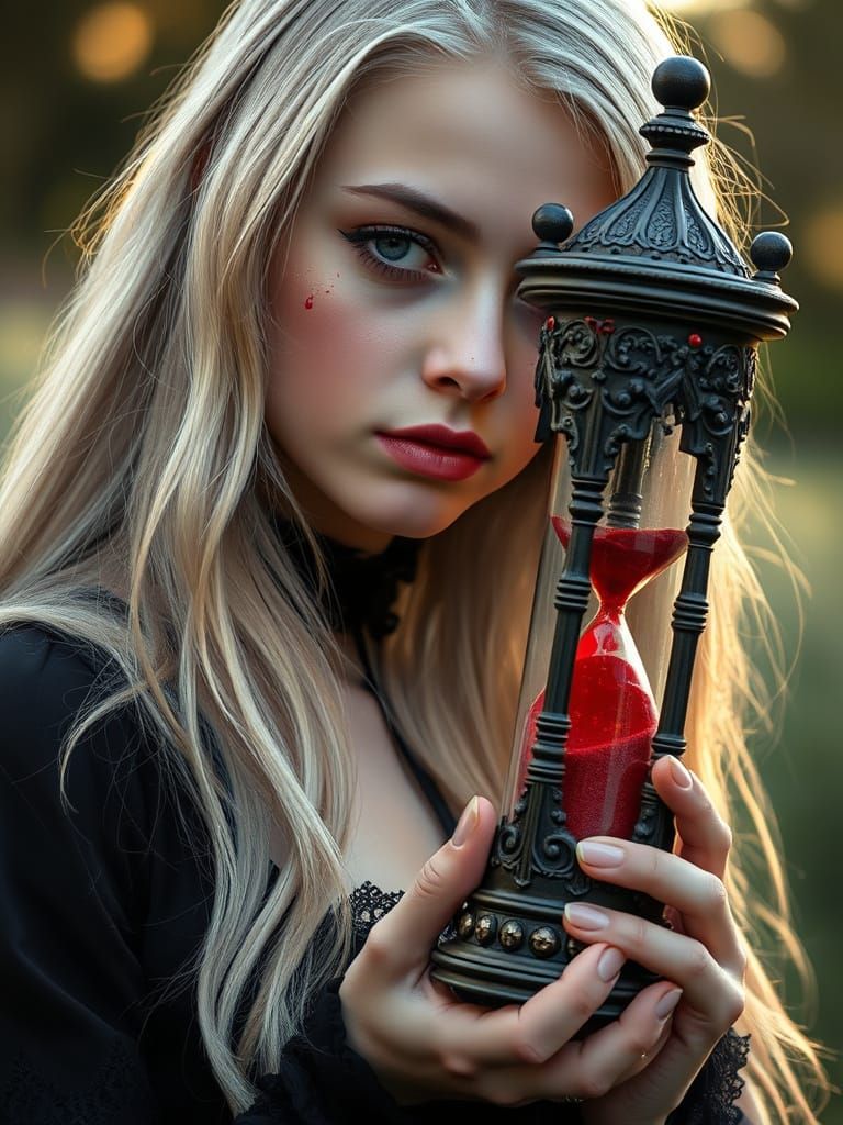 Vampire Woman Holds Dripping Hourglass in Golden Hour Light
