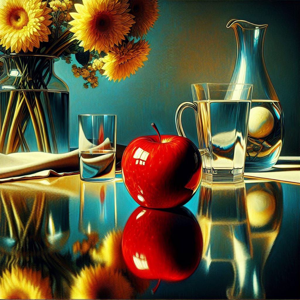 Red Apple on Glass Table with Yellow Flowers