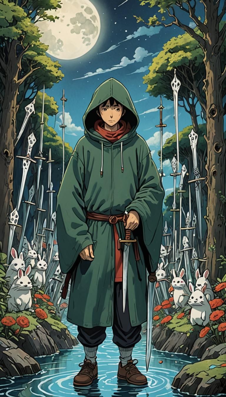 Ghibli Style Seven of Swords Tarot Card
