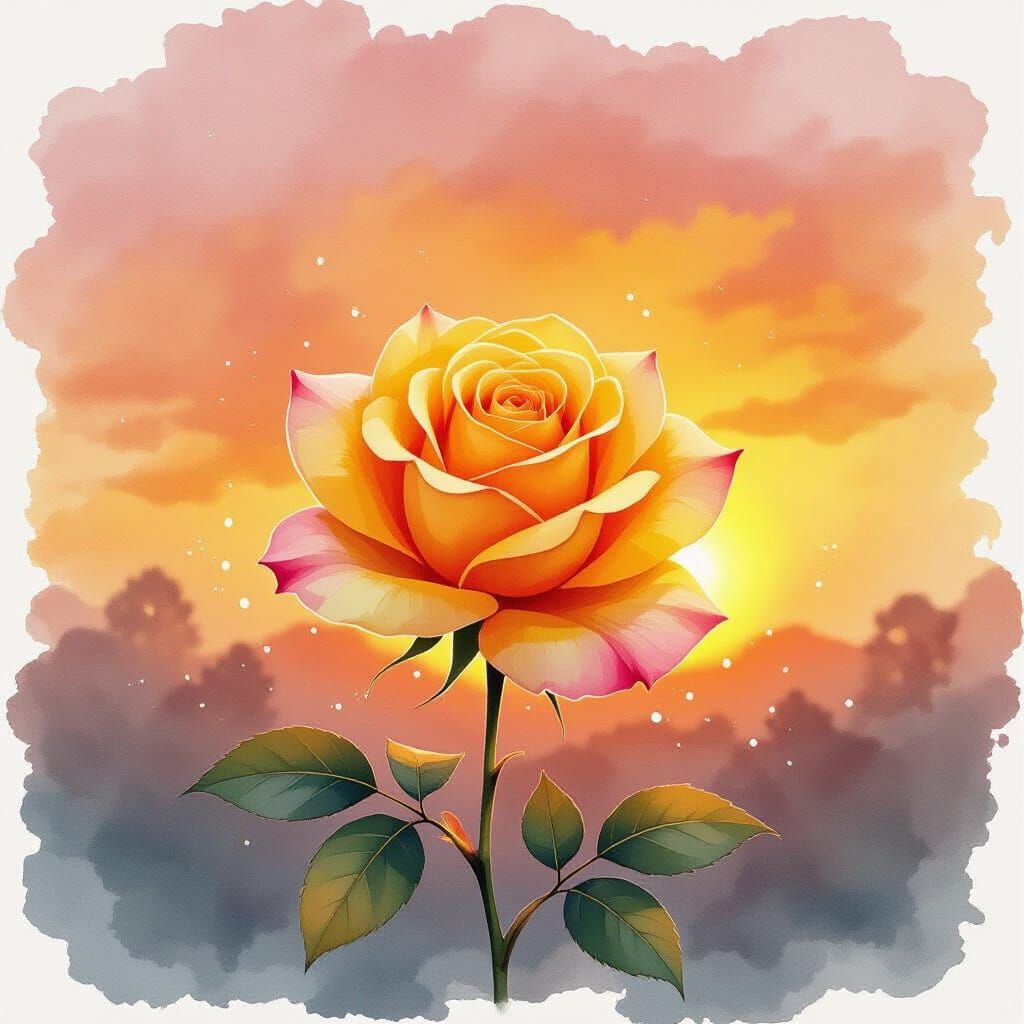 Yellow Rose Watercolor Splash Art Sunset Background