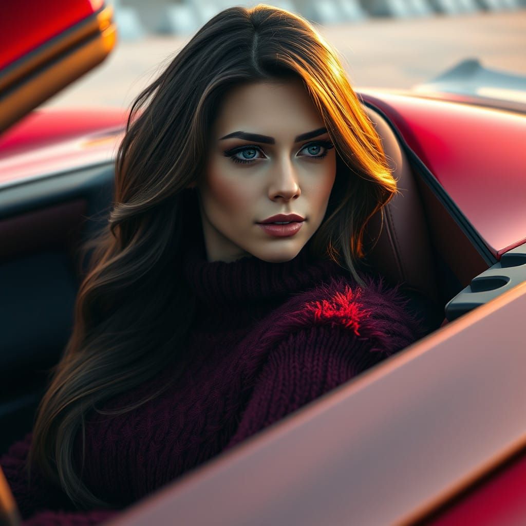 Luxurious Woman Drives Red Sportscar in Fuzzy Sweater